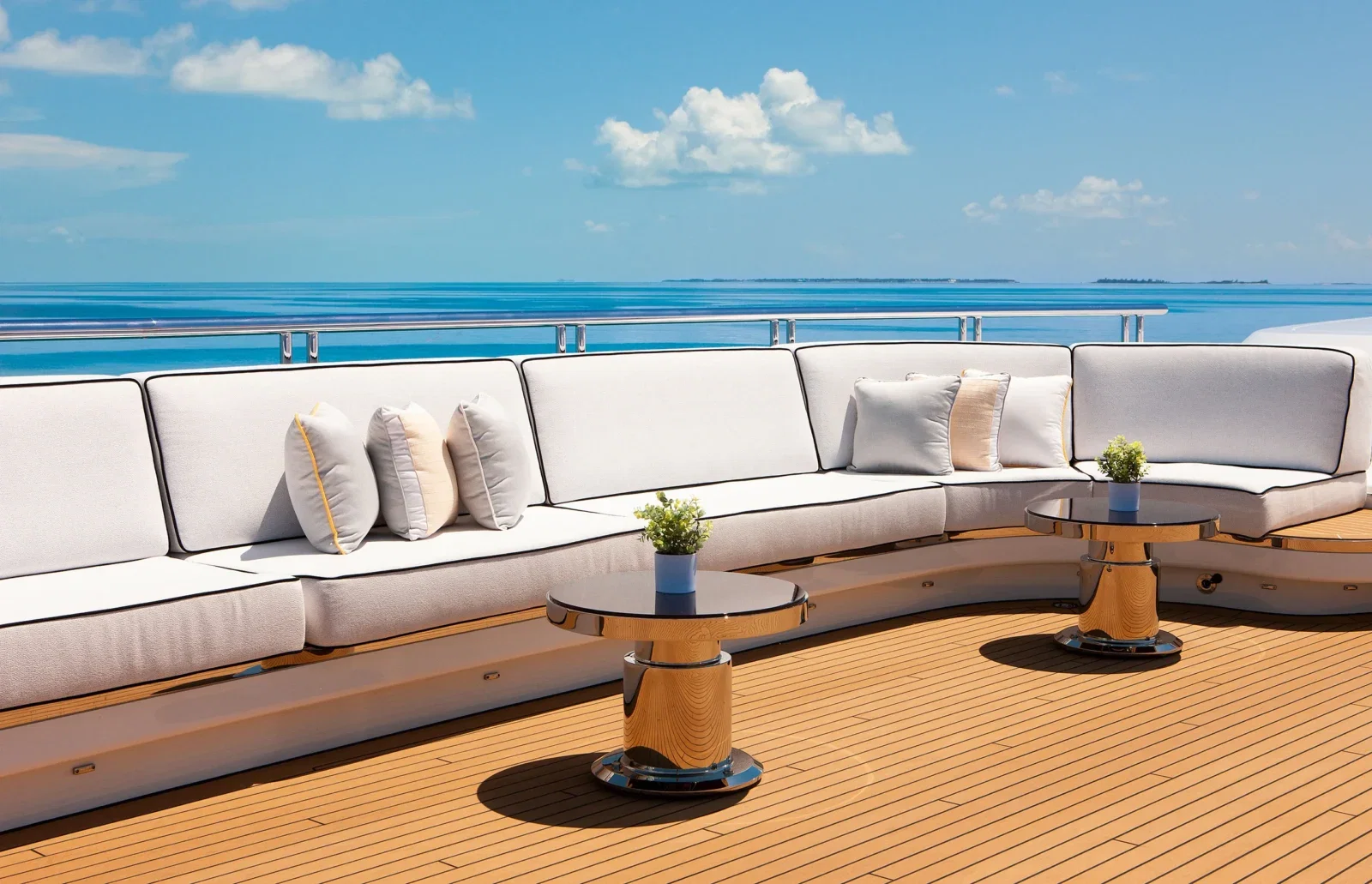 Open air seating aboard Ambassador Tilman Fertitta's super-yacht Boardwalk (Photo by  Kristina Strobel for Boat International)
