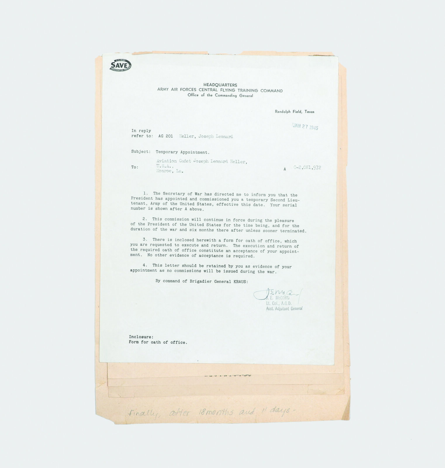 A 1945 Army commission appointing future Catch-22 author Joseph Heller a second lieutenant is among the rare historical documents Peter Harrington will bring to the Dallas Antiquarian Book Fair. (Photo by Andrey & Melissa PR)