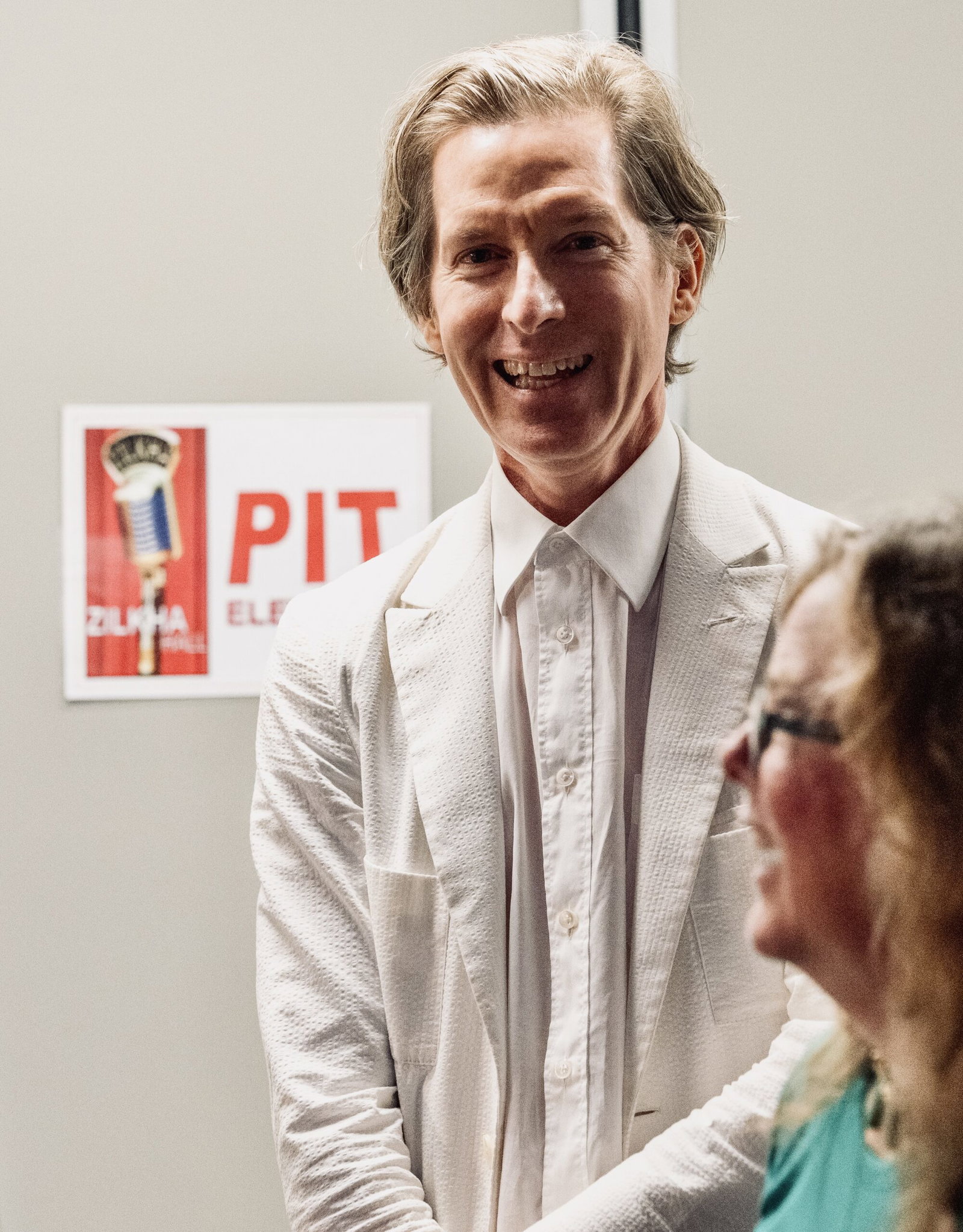 Backstage at Zilkha Hall, Hobby Center, with headliner/guest of honor Wes Anderson in town for his Homecoming Soirée to benefit Arthouse Houston's efforts to save Garden Oaks Theater. Foreground: Arthouse Houston co-founder and president Maureen McNamara. (Photo by Alan Nguyen)