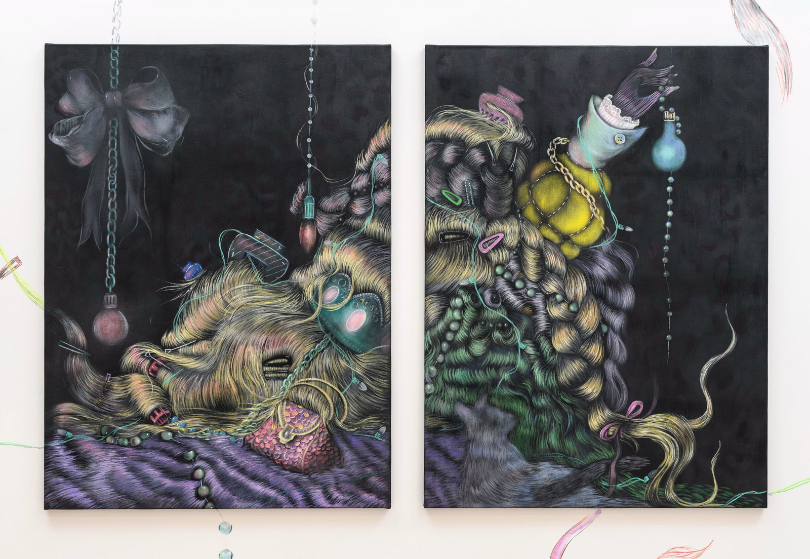 Princess wigs on the move, le bionde di mio padre […My father_s blondes], Bea Scaccia, Acrylic and airbrush on canvas, 2025