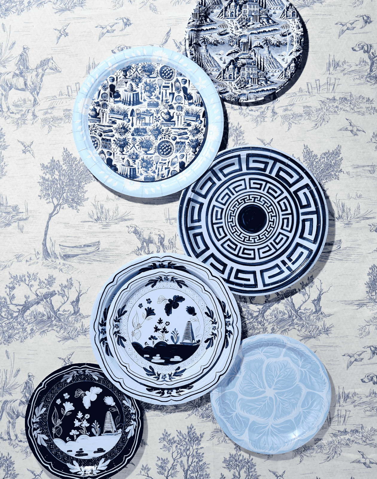 The palette is shades of blue with this collection of Pavilion paper plate