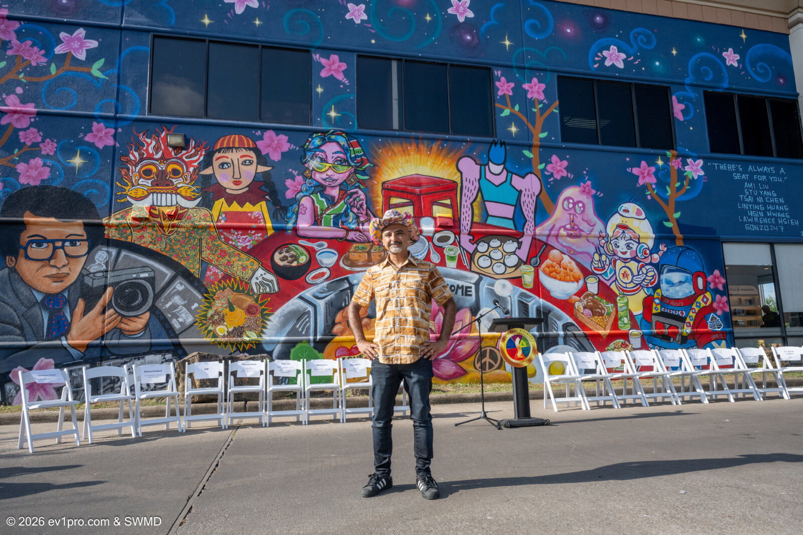 Artist Mario E. Figueroa, known as GONZO247, with the "Painted Bridges" mural (Photo courtesy of SWMD)