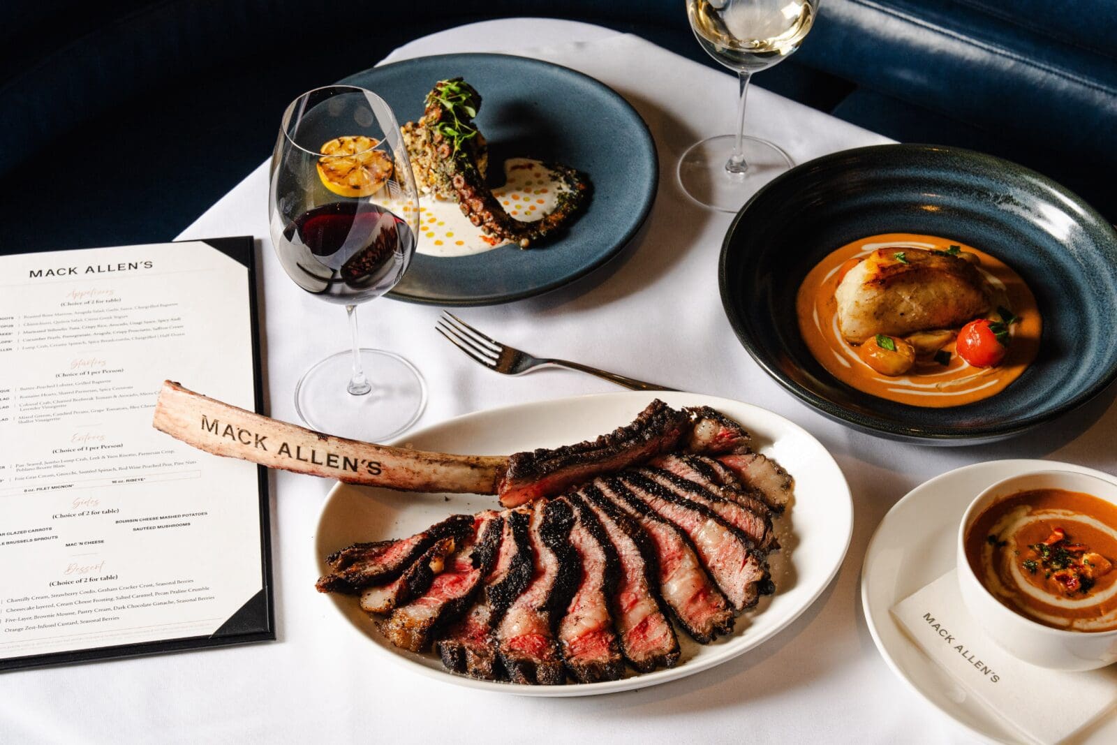 Some of the dishes served at the new Mack Allen's include charred octopus, Chilean seabass, and a mighty tomahawk steak. (Photo by Michael Anthony)