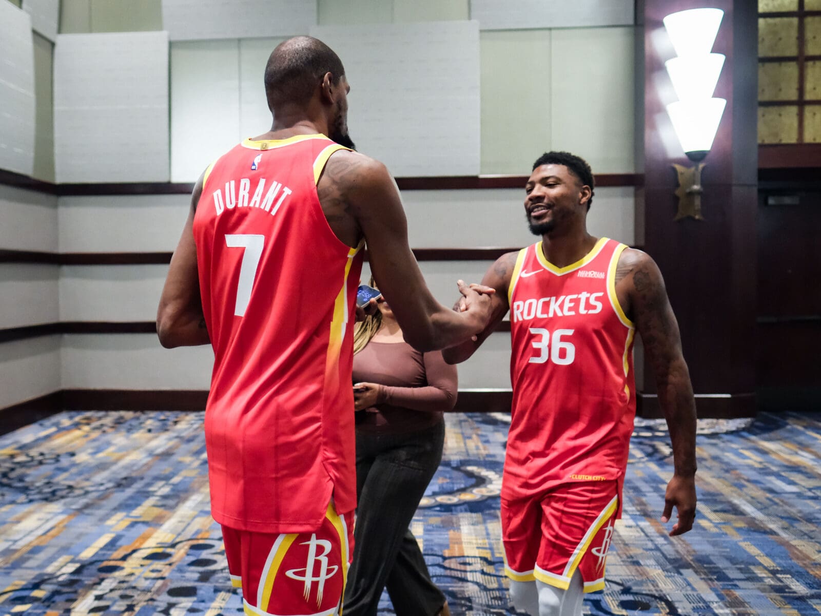 Kevin Durant knows that Marcus Smart changes a lot for the Rockets. (Photo by F. Carter Smith)