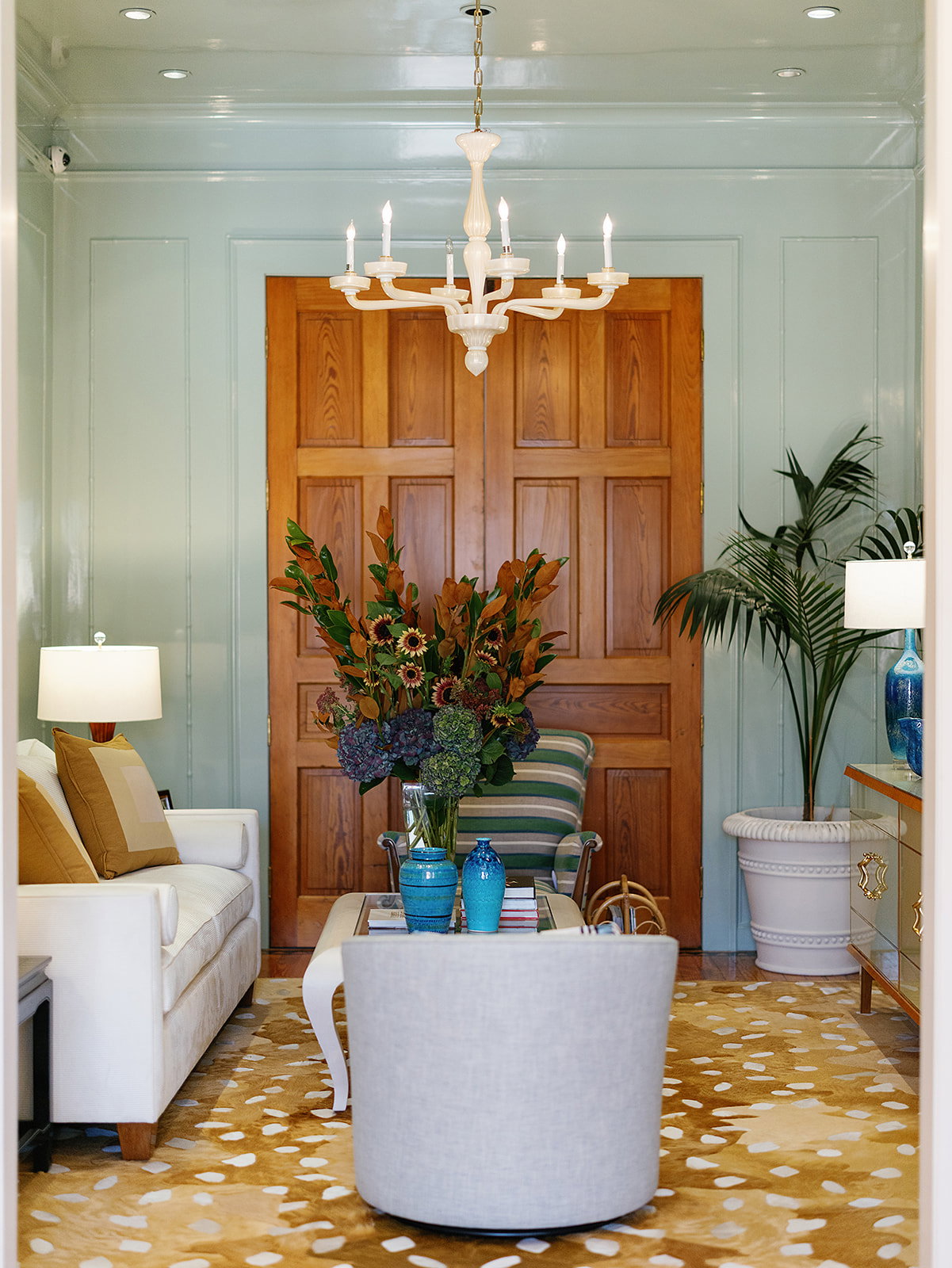 A salon with Kyle Bunting hide rug (Photo by Victoria Greig)