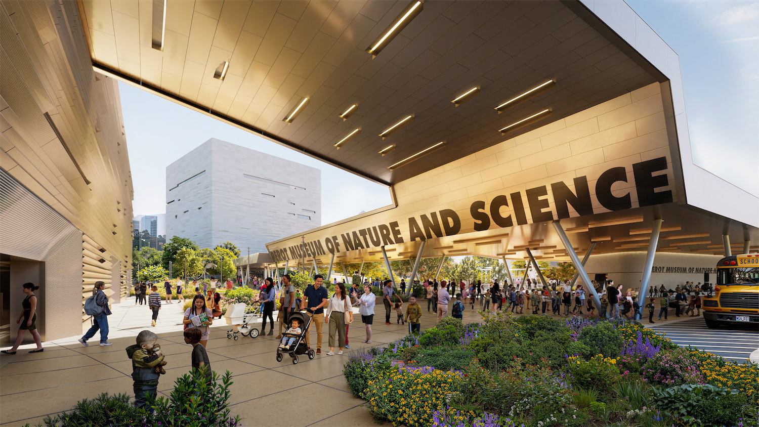 The project also includes a reimagined Museum entrance and lobby; enhanced educational, dining and event spaces; an on-site parking garage; and infrastructure improvements. (Courtesy of Perot Museum of Nature and Science)