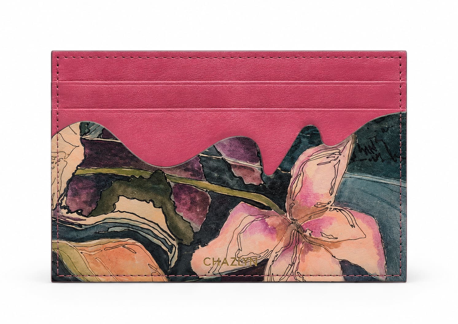 The Step With Her collection includes custom leather cardholders featuring artwork by Chaz Pilarcik’s mother. (Photo by Nick Glover)