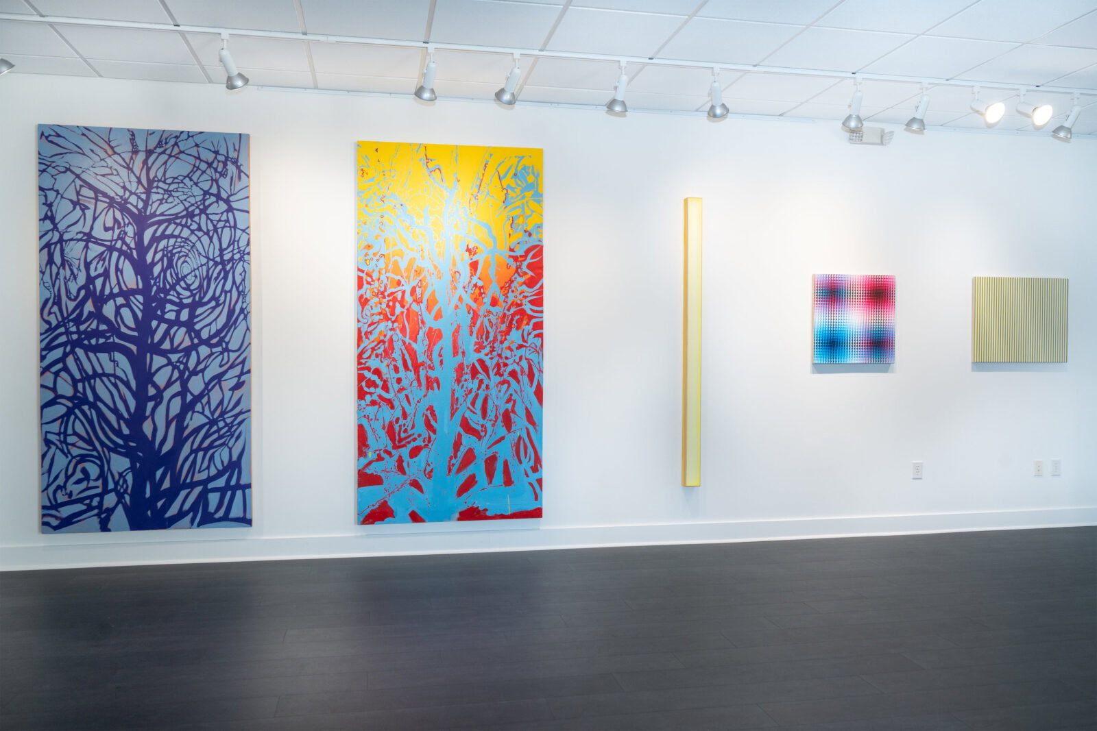 Adrian Jimenez, "Butterfly," 2026; "Merry Go Round," 2026. McKay Otto, "Ever Light Beam Line Ever," 2023. Susie Rosmarin, "#167," 2000; "Canal street mini skirt study," at Japhet Bates (Photo by Christiana Reckling)