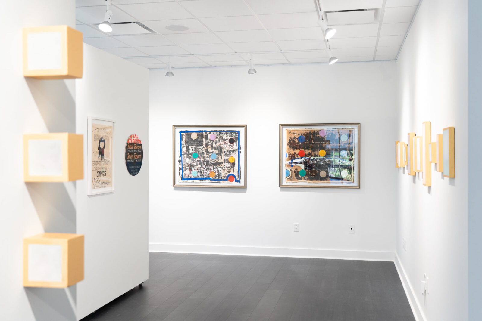 McKay Otto, "Ever 1,2,3 Ever," 2026. Tierney Malone, "Horace Grigsy Sings Count Basie Swings," 2024; "Anita Moore," 2024. Robert Hodge, "Baptism One: Liberation," 2026; Robert Hodge, "Baptism Three: Sound of da police," 2026, at Japhet Bates (Photo by Christiana Reckling)