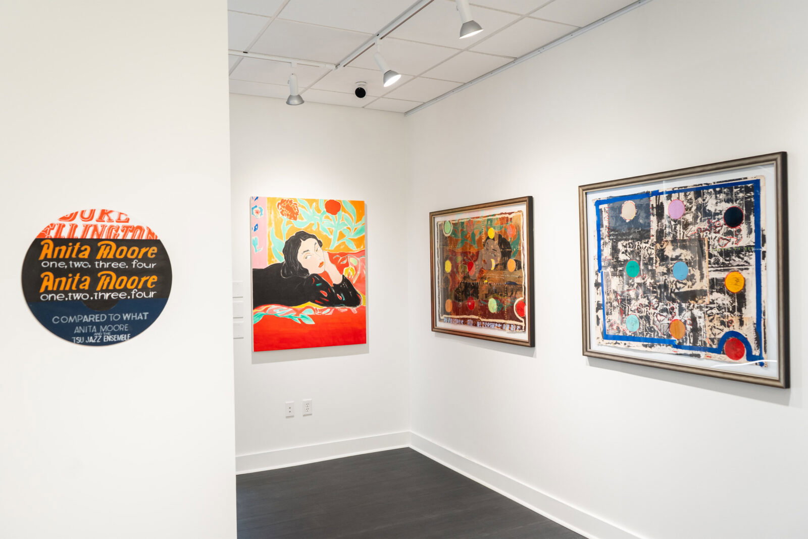 Tierney Malone, "Anita Moore," 2024. Brandon Araujo, "Girl With Red Flowers," 2025. Robert Hodge, "Baptism Two Wipe Me Down," 2026; "Baptism One: Liberation," 2026, at Japhet Bates (Photo by Christiana Reckling)