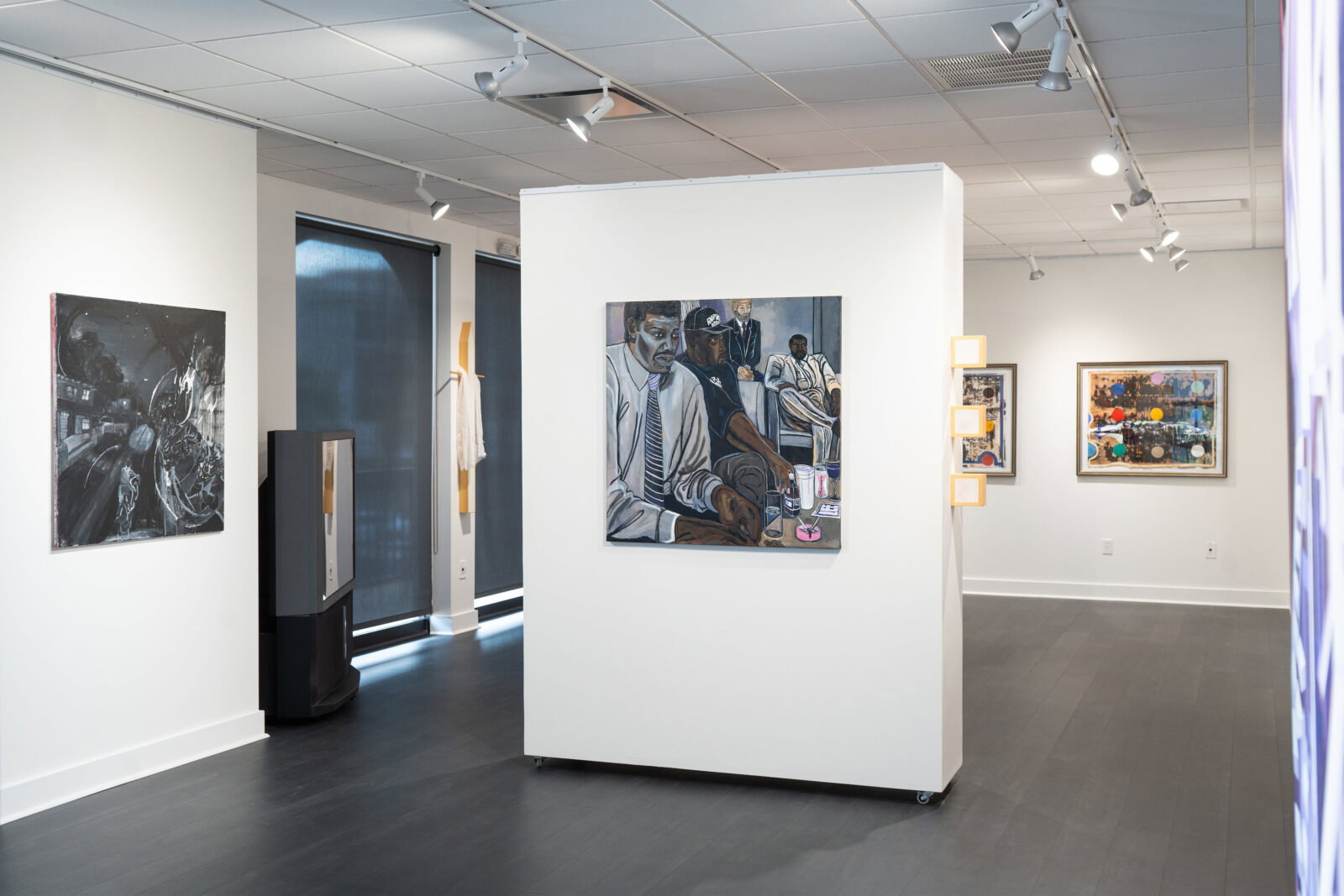 Adrian Jimenez, "Happy Cycling," 2017. McKay Otto, "Ever a Way Ever," 2025. El Franco Lee II, "Campaign Night ‘84," 2026. McKay Otto, "Ever 1,2,3 Ever," 2026. Robert Hodge, "Baptism Three: Sound of da police," 2026, at Japhet Bates (Photo by Christiana Reckling)