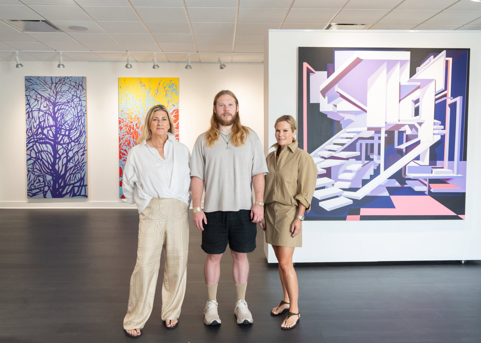 Lisa Bates, Preston Douglas Boyer, Juli Japhet with Adrian Jimenez, "Butterfly," 2026; "Merry Go Round," 2026. Josh Litos, "Twitching and Turning," 2024, at Japhet Bates (Photo by Christiana Reckling)
