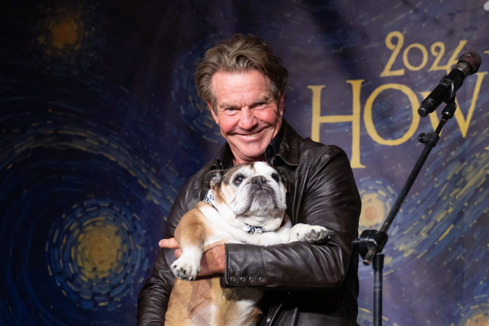 Honorary chair Dennis Quaid and is miniature British bulldog Peaches at Houston SPCA's 2026 Howl-O-Ween Ball (Photo by Wilson Parish)