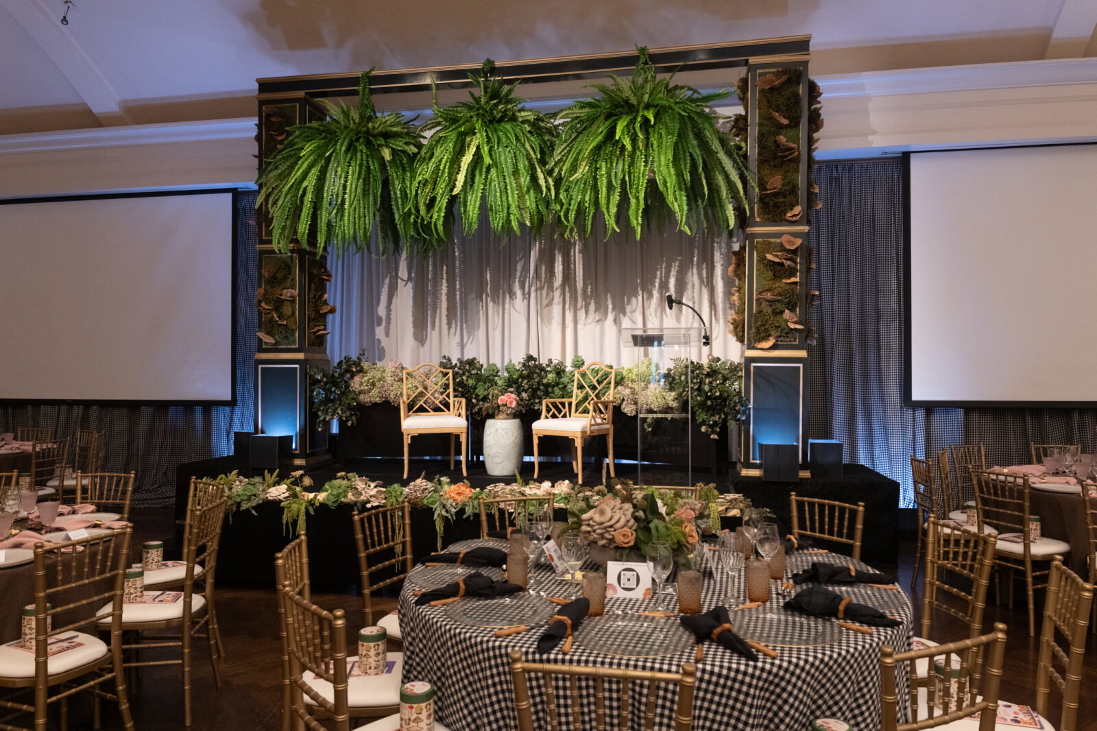 Massive ferns and towers of mycelium dress the River Oaks Country Club ballroom for the Houston Botanic Garden annual luncheon (Photo by Daniel Ortiz)