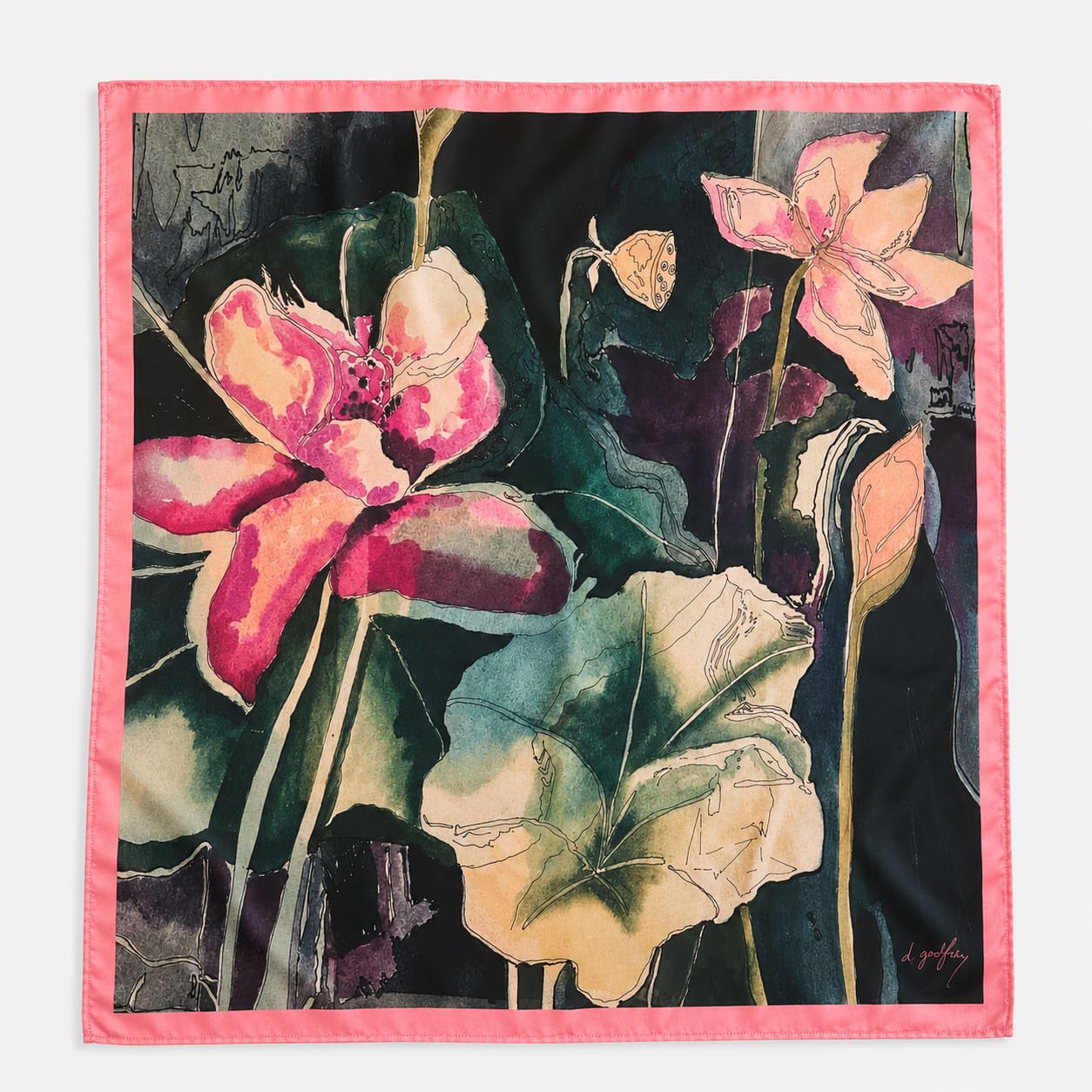 The Step With Her collection includes a silk scarf featuring watercolor artwork by Chaz Pilarcik’s mother. (Photo by Nick Glover)
